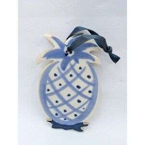 Vtg Russ pineapple ornament blue white ceramic Delft Style 4" Hanging Christmas